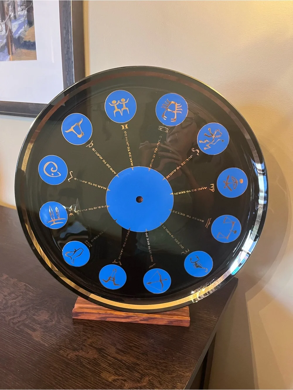 Rare Vintage MCM Large Zodiac Astrology  Glass Platter Tray Clock Face Wall Deco